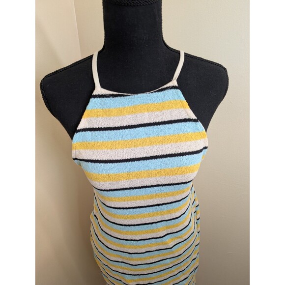 Zara Rustic Halter Neck Mini Dress Blue Yellow Striped Knit Beach Medium - Picture 4 of 9